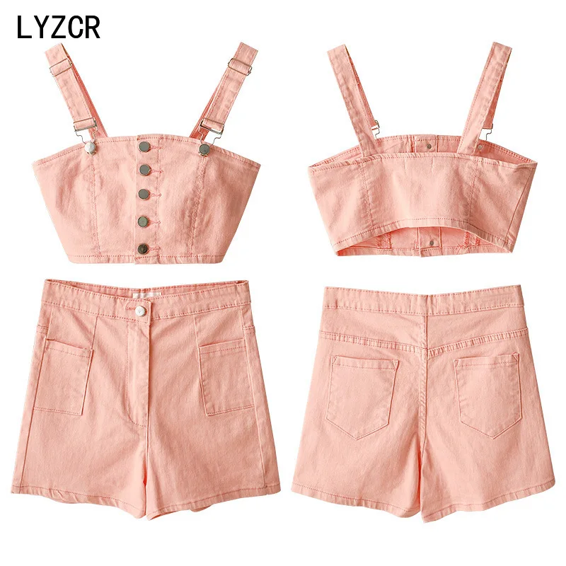 

Denim Set Woman 2 Pieces Sexy Sleeveless Tops and Jeans Shorts Set Women Bra Women's Summer Suits Tank Top High Waist Shorts