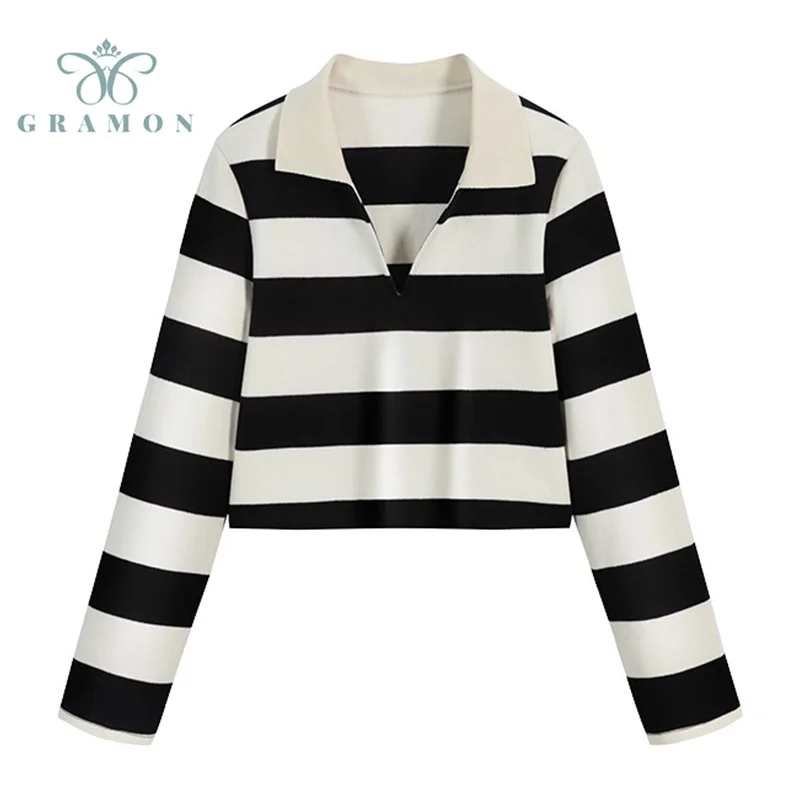

Oversized Polo Collar T Shirts Mujer Fashion Striped Long Sleeve Crop Top 2021 Autumn New Korean Fashion Polo Shirts For Women