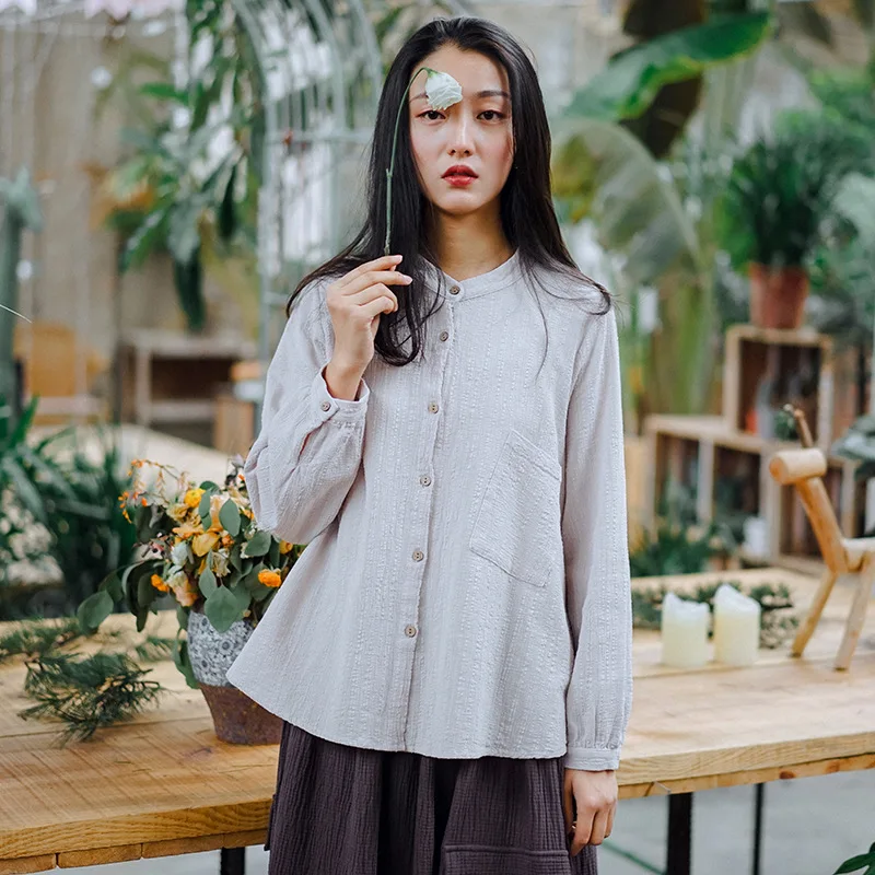 Хлопковые льняные рубашки винтажные блузки одноцветные весна 2020 новые