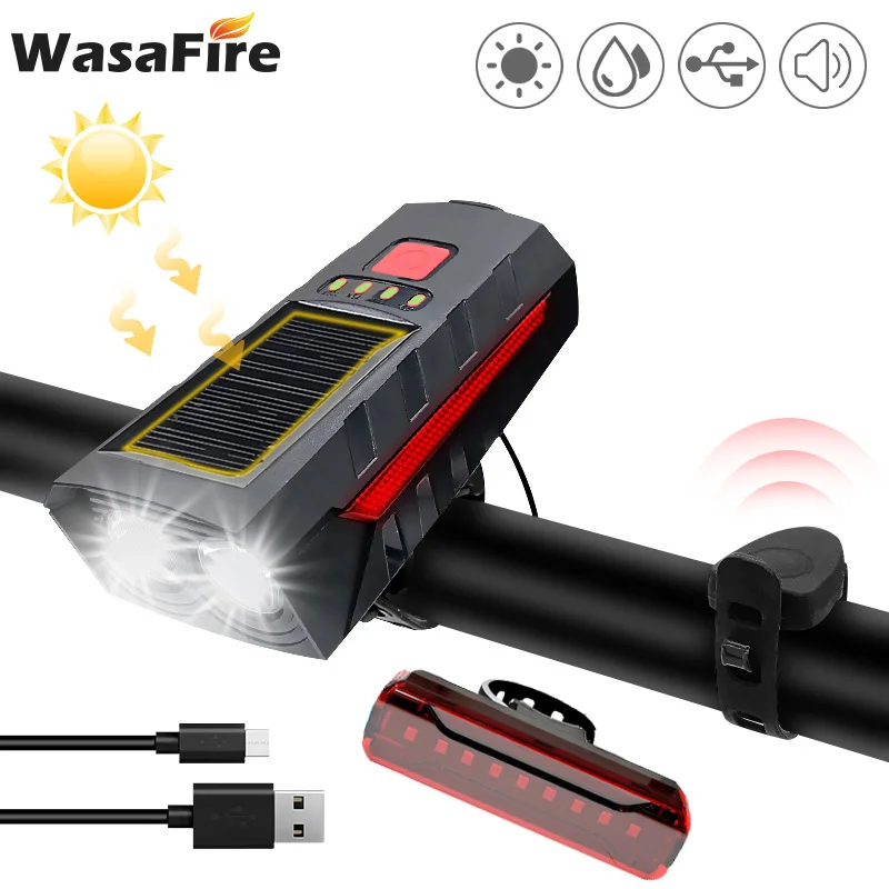 

USB Bike Light Set T6 LED Bicycle Headlight Solar Powered 2400mAh Cycling Horn Lamp with 5 Mode 1200mAh COB MTB Road Rear Lights
