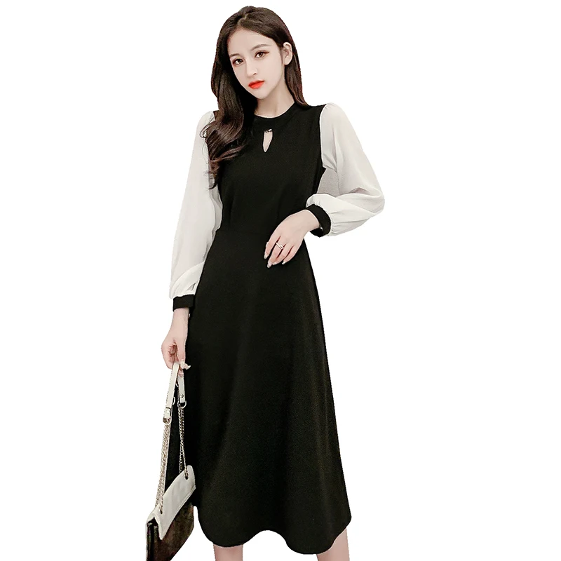 

Autumn/winter 2020 new French lace-up waist slimming black dress