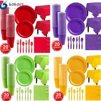 142pcsset 20people use purple blue red green party disposable tableware birthday party wedding baby shower party decoration