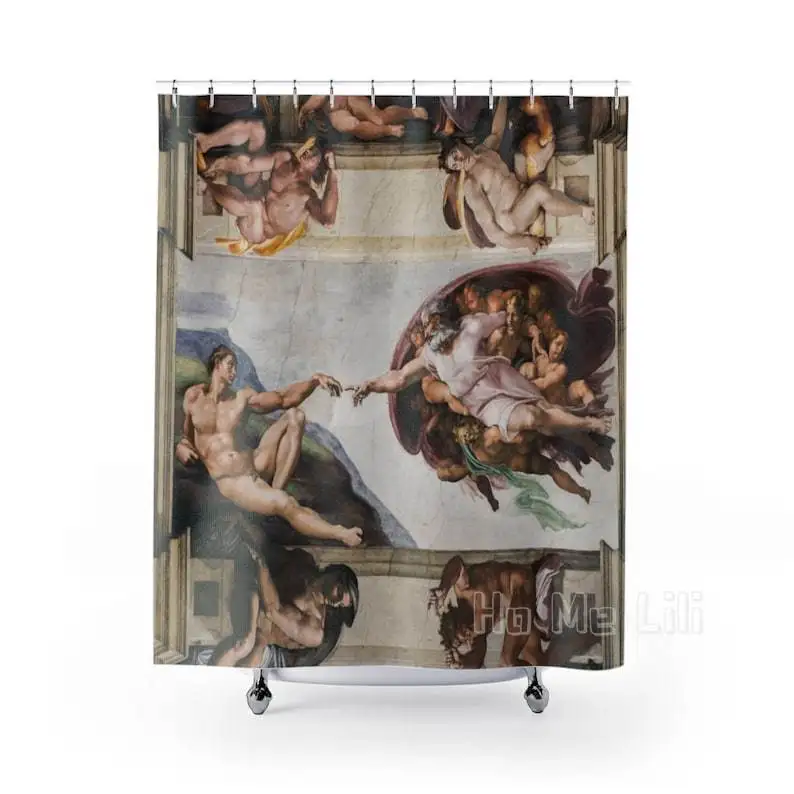 

Creation Of Adam Vintage Bathroom Sistine Chapel Biblical Decor Shower Curtain Hand Of God Michelangelo Art