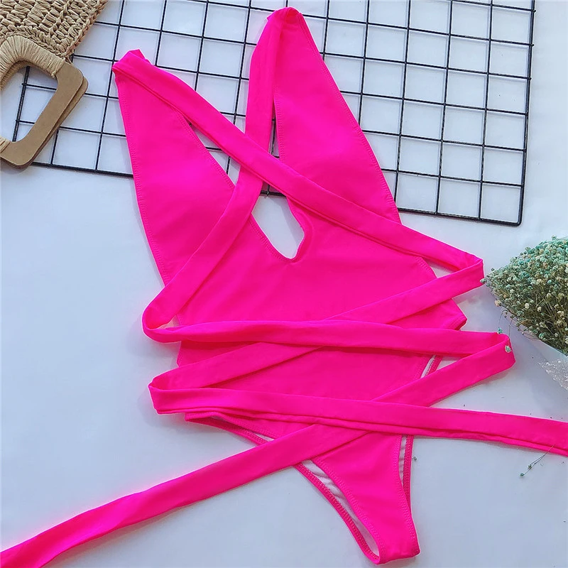 

Strap High waist Swimwear Sexy v neck one piece swimsuit female bikini 2019 bandage women Monokini Backless Bodysuit New