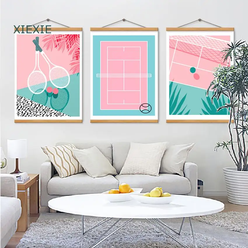 

Pink Blue Nordic Style Simplicity Cartoon Canvas Painting Tennis Tennis Court Racket Home Decor Poster For Living Room Bedroom