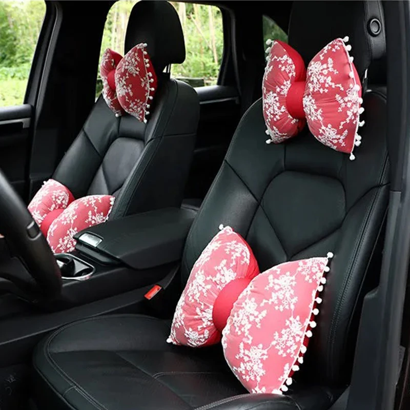 

New Lace Bowknot Shape Car Headrest Waist Support Breathable Neck Pillow Waist Pillow Car Interior Supplies for Girls Lady Women