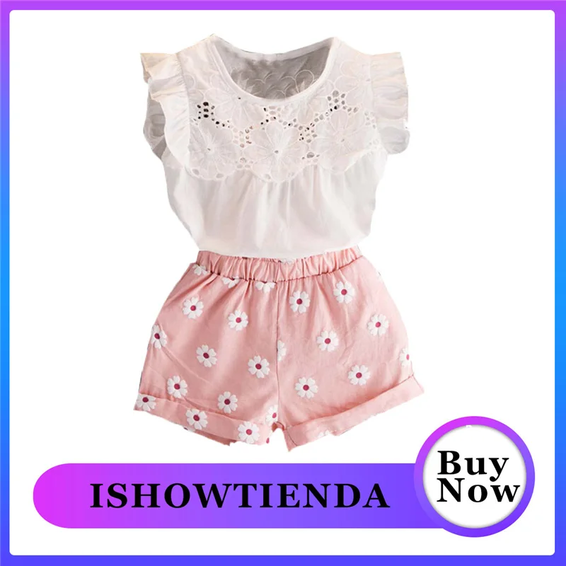 Летняя одежда для маленьких девочек 2 шт. кружевные топы шорты с цветочным