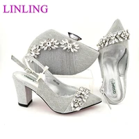 nigerian 2021 italian design fashion special colorful crystal style elegant ladies shoes and bag set silver color for party