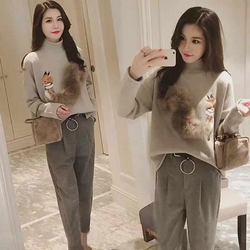 Осенний меховой свитер с рисунком лисы женский джемпер высоким воротом женские