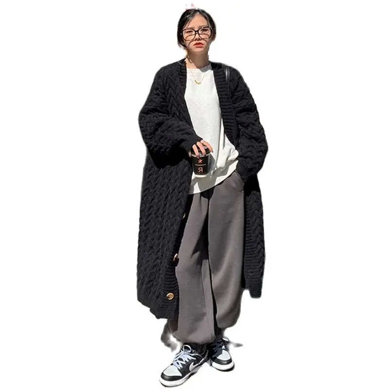 

Женский вязаный кардиган средней длины, свободное утепленное черное пальто средней длины с V-образным вырезом и длинными рукавами, Осень-зи...