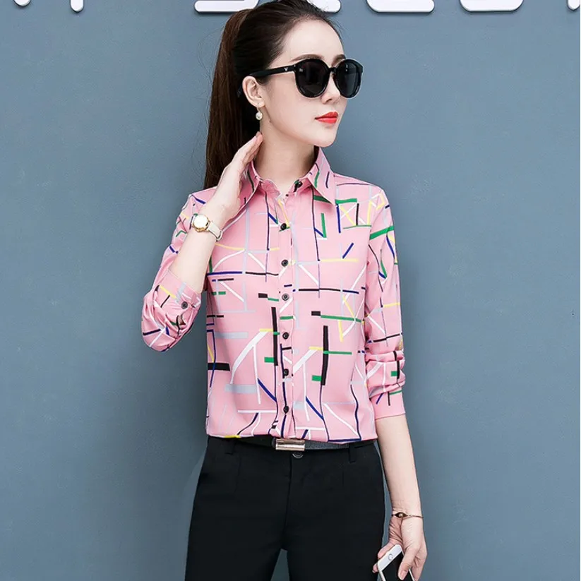 Spring 2020 Long Sleeve Chiffon Blouse Korean Casual Women Streetwear Shirts Elegant Office Shirt Plus Size Ladies Print Tops