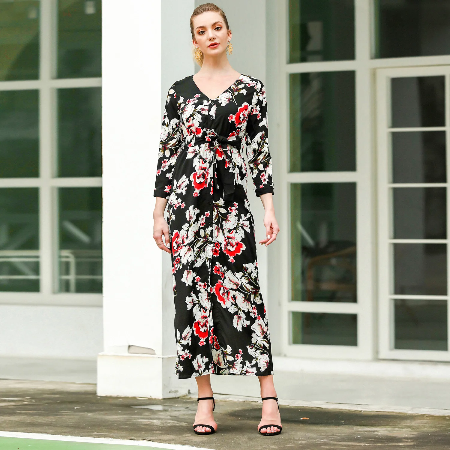 

Fashion Print Long Bohemian Women Dress Three Quarter Sleeve V-Neck Autumn Beach Dress Plus Size Slim Casual Maxi Vestidos Robe