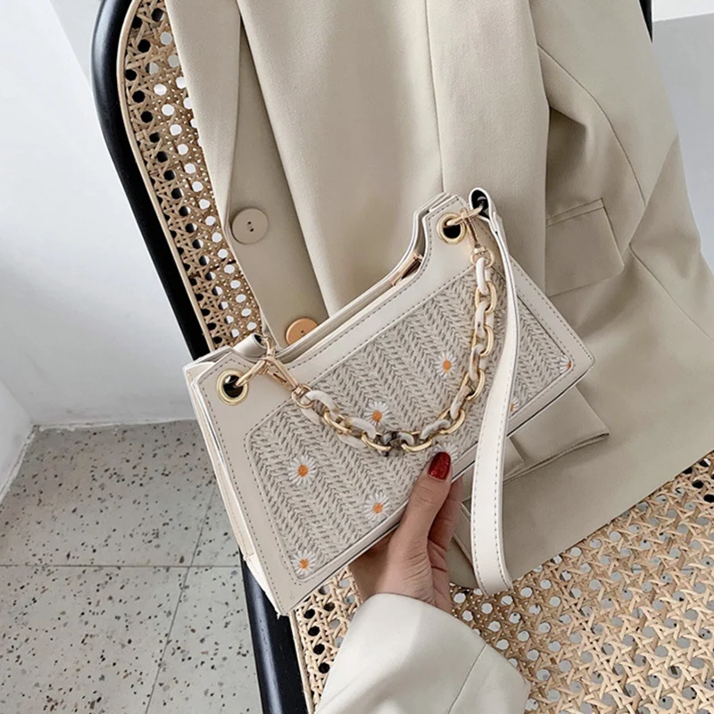 

AUAU-Small Daisy Straw Woven Women's Messenger Bag Fashion Woven Printed Shoulder Bag Travel Beach Bag Luxury Handbag
