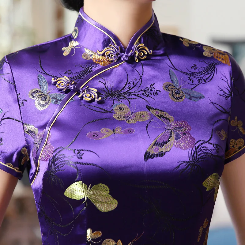 Традиционные китайские длинные Cheongsam платье тонкие цветочные бабочки вечерние