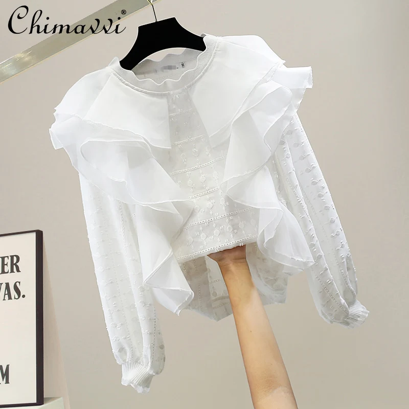 

French Ruffled Stitching Jacquard Embroidered Pullover Shirts 2021 Autumn Fashion Long Sleeve Shirt High-End Design Loose Blouse