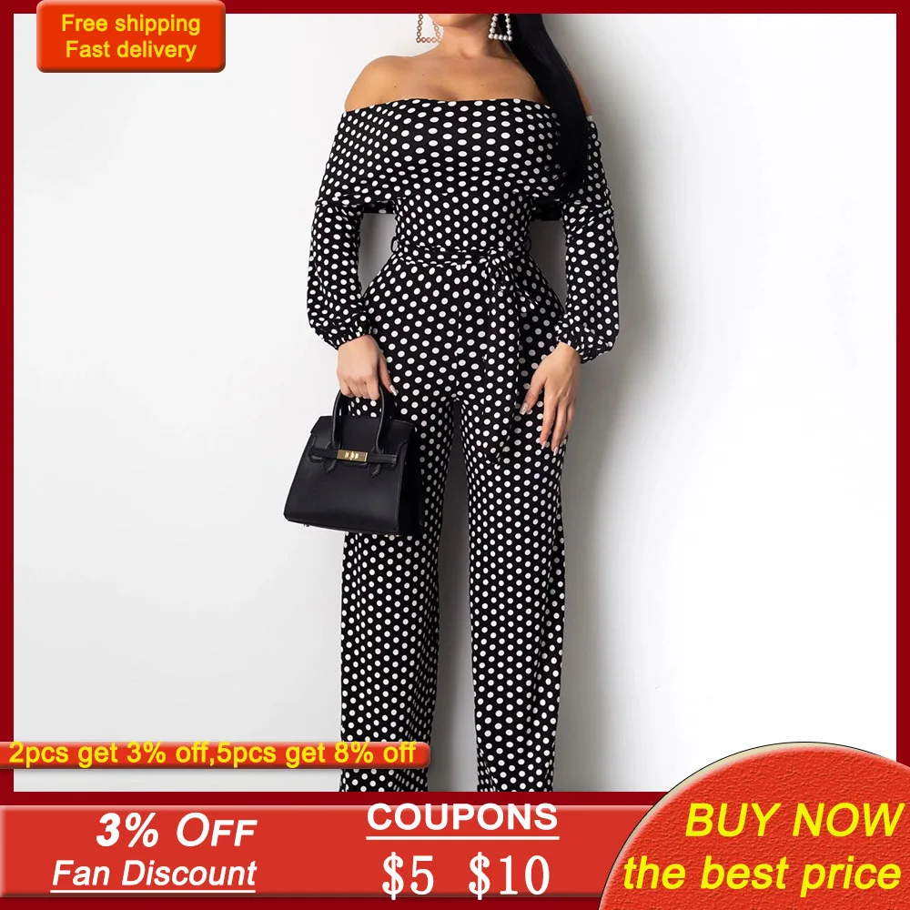 

Casual Women Jumpsuit Loose Polka Dots Print Lace-Up Belt Wide Legs Pants One Shoulder Blouse Young Lady Elegant Party Cocktail