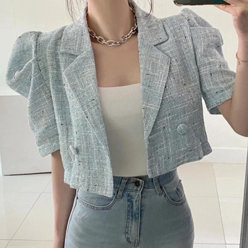 

Korea Chic Retro Summer Short Sleeve Lapel Tweed Jacket Straight Puff Sleeve Short Cardigan Coat Crop Tops Fashion Sexy Wild