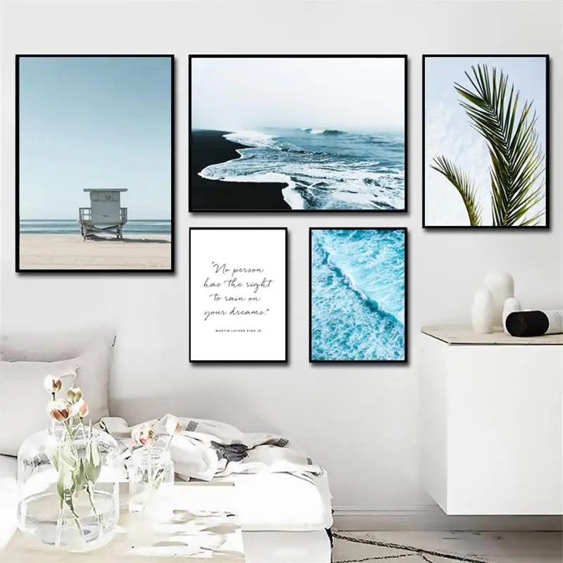 

Seascape Scenery Modern Art Wall Light Blue Sea Beach Waves Posters And Prints Palm Leafs Simple Letters Home Decor Unframe