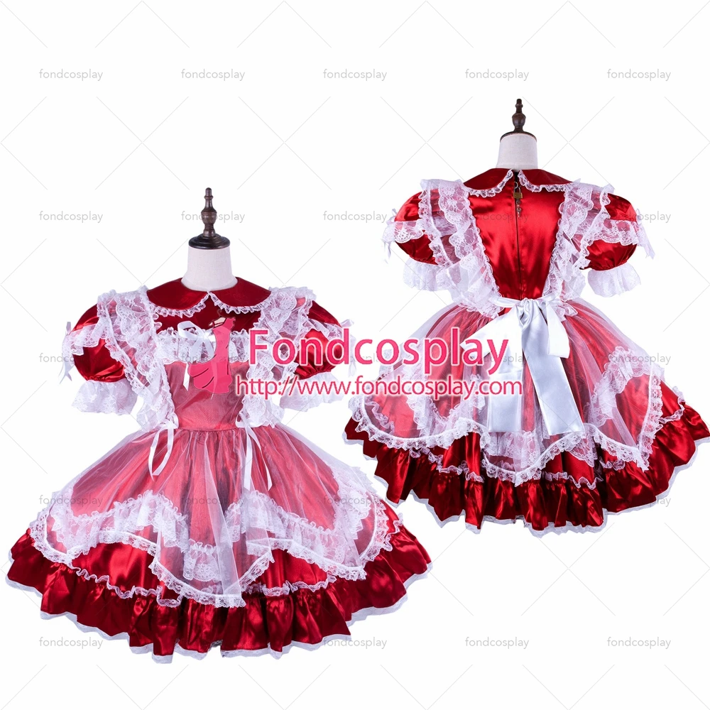

fondcosplay adult sexy cross dressing sissy maid short lockable red Satin dress white apron Peter Pan collar Tailor-made[G1581]