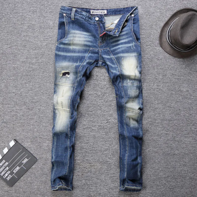 Джинсы мужские в американском уличном стиле, модные синие Эластичные зауженные рваные джинсы в стиле ретро, дизайнерские байкерские брюки ...