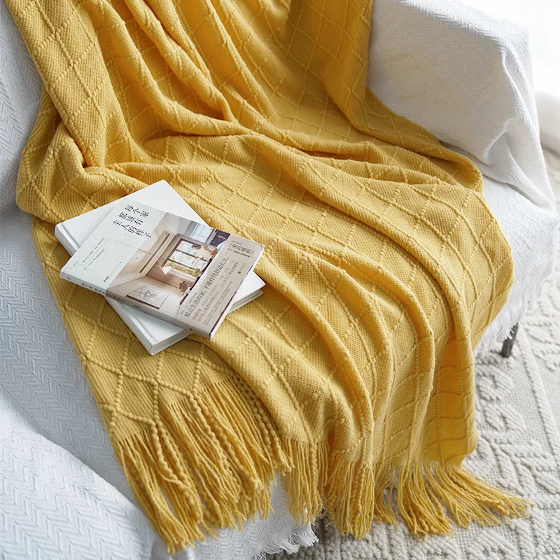

Nordic Knitted Blanket Travel Blanket Grey Khaki Sofa Throw Blanket with Tassels Air Condition Blankets 110x160cm/110x200cm