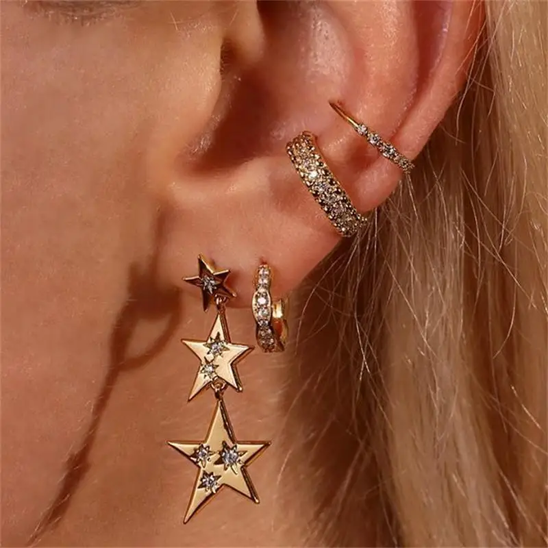 

Boho Gothic Crystal Stud Earrings for Women Gold Charm Stars Tassel Ear Ring Retro Pendientes Earring Set Fashion Female Jewelry