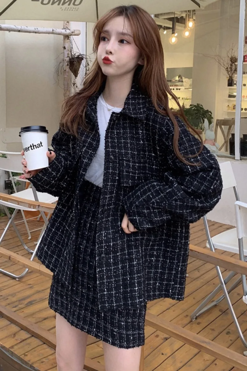 

Autumn And Winter Fashion Skirt Suit 2020 New Women's Retro Plaid Jacket Jacket Jacket Short Skirt Two Piece Suit