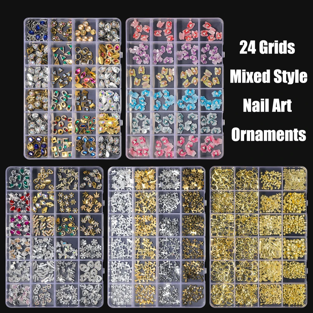 24Grids/Large Box Mixed Charms Set for Nail Art Decoration 3d Gems Alloy Croxion Cross Metal Jewelry for Nails DIY Manicure#ZD24