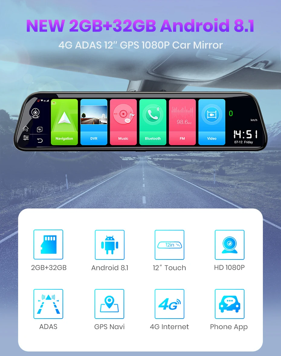 Двойной видеорегистратор 1080 P, 4G, 12 дюймов, СТРИМ медиа, Android, зеркало, Автомобильное зеркало заднего вида, Автомобильный видеорегистратор ADAS Super night до и после FHD