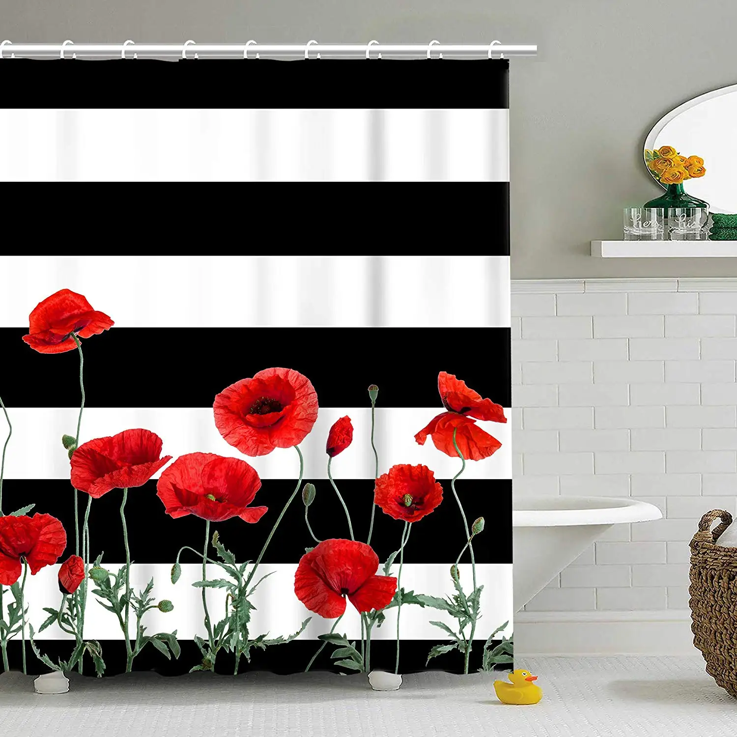 

Black and White Stripes Poppy Red Floral Fabric Bath Curtains Decorative