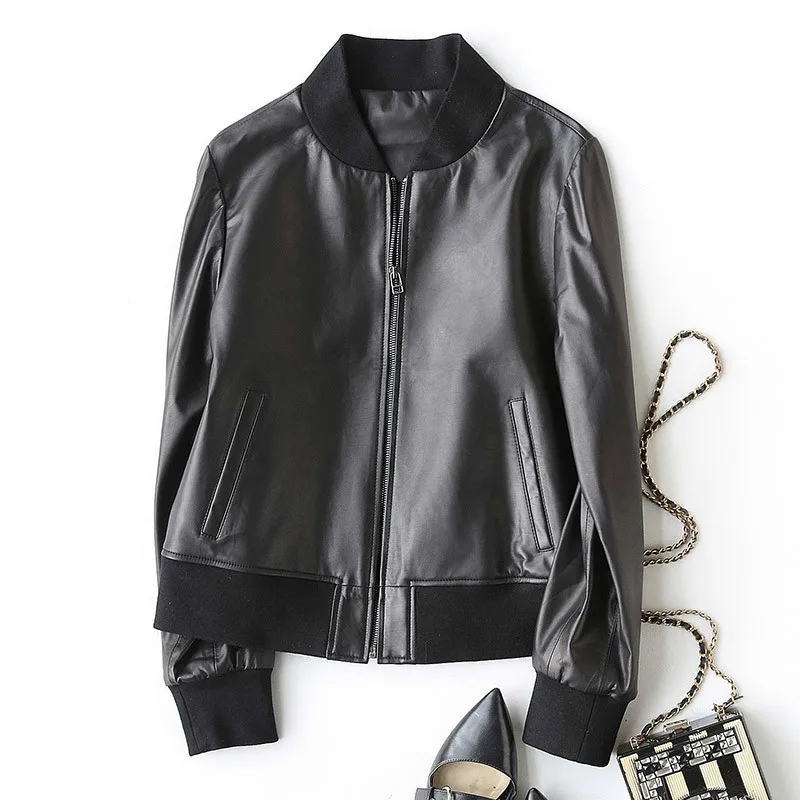 Женская куртка из натуральной овечьей кожи Короткая Повседневная бомбер на