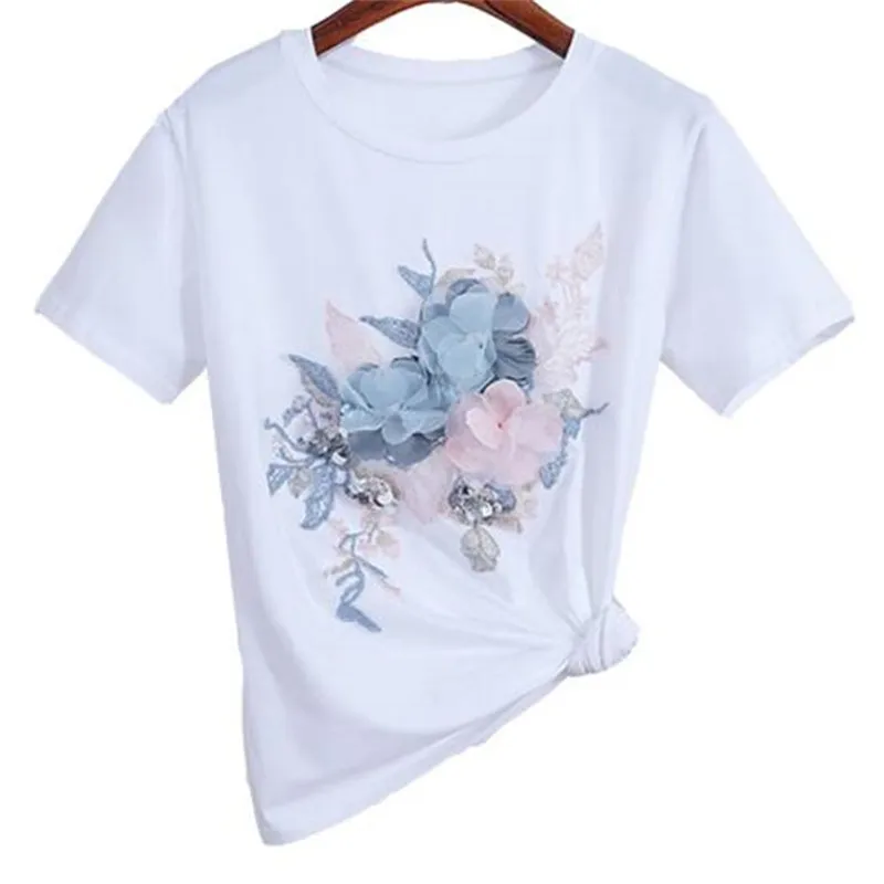 Женская футболка с коротким рукавом Повседневная белая голубыми кружевными