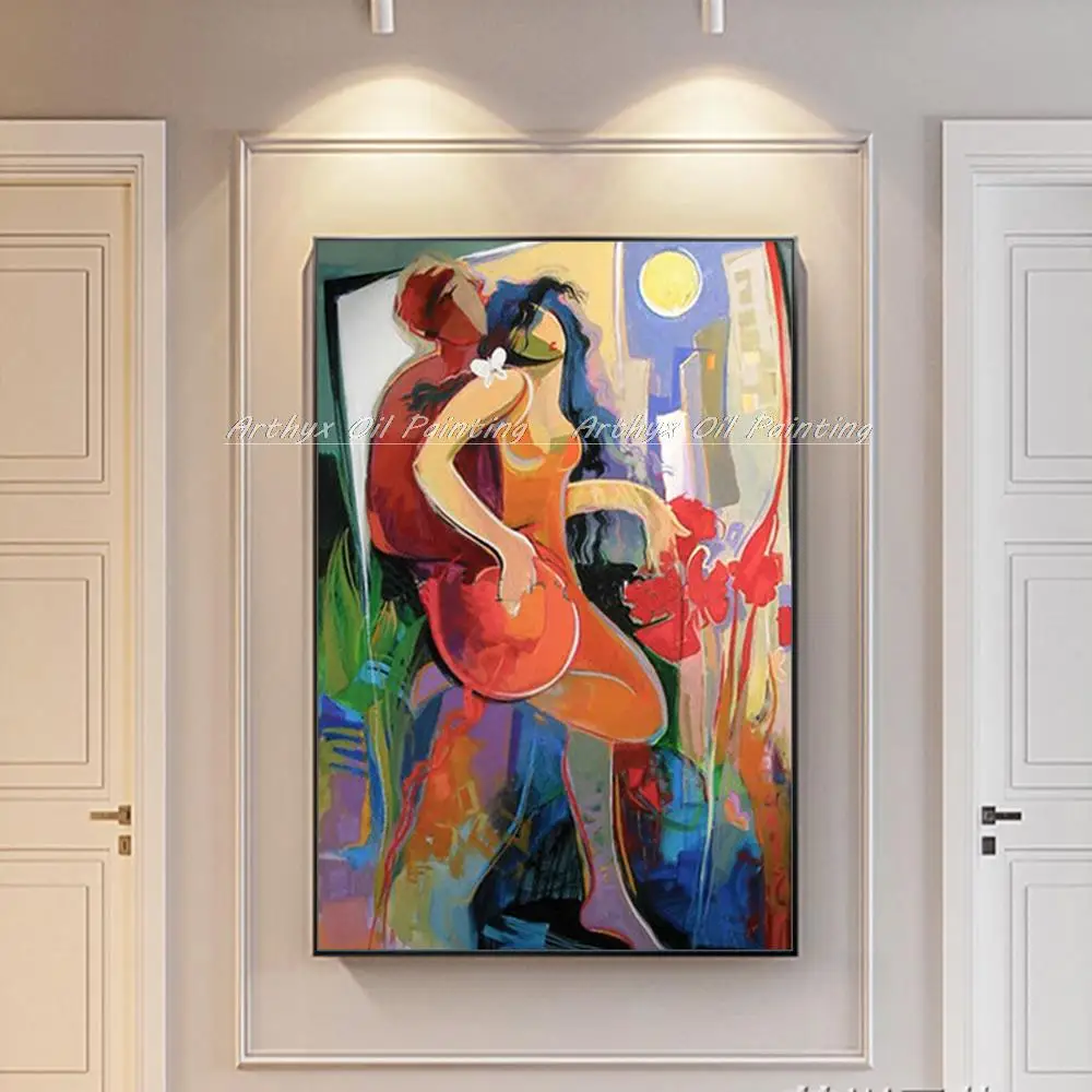 Arthyx-figura de parejas abstractas pintadas a mano, pintura al &oacute;leo sobre lienzo, arte de pared moderno, imagen de ni&ntilde;a para decoraci&oacute;n del hogar y sala de estar-2