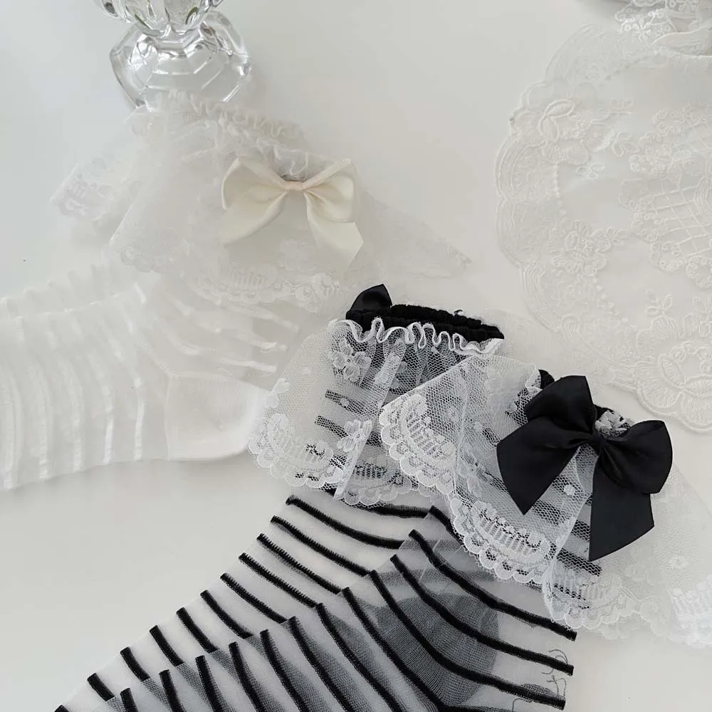 

Black White Summer Organza Bow Lace Lolita Mid Tube Socks Fashion Women Transparent Striped Polka Dot Girls Comfortable Socks
