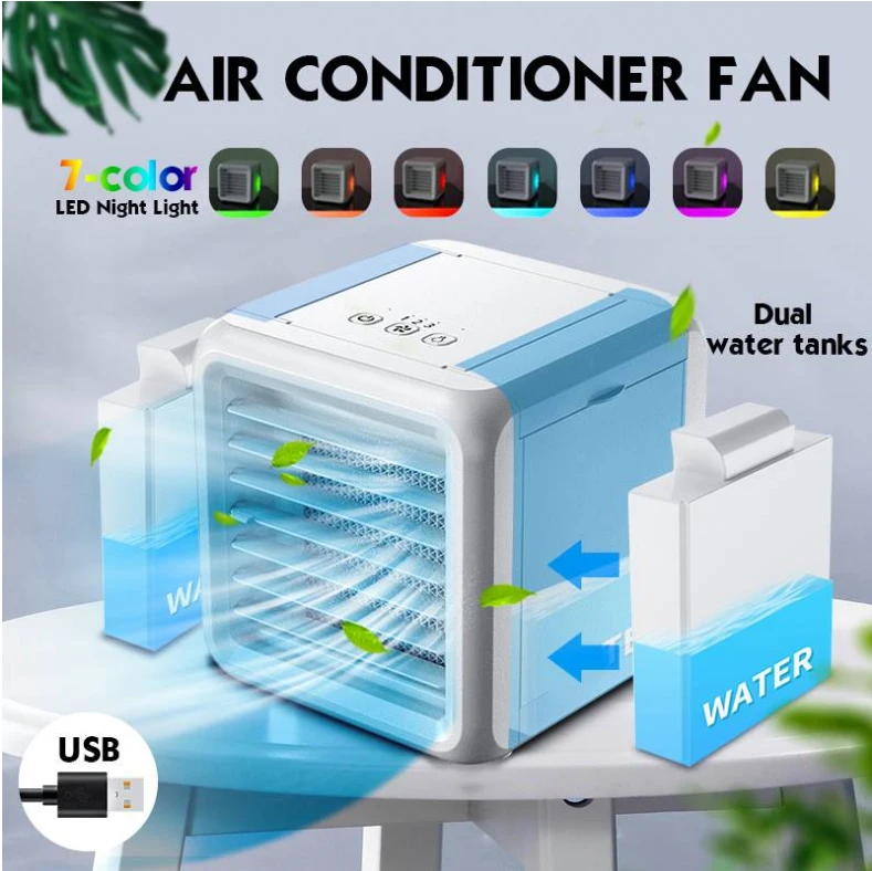 

Mini Portable Air Conditioner 7 Colors Light Air Conditioning Humidifier Purifier USB Air Cooler Fan with 2 Water Tanks FAN19