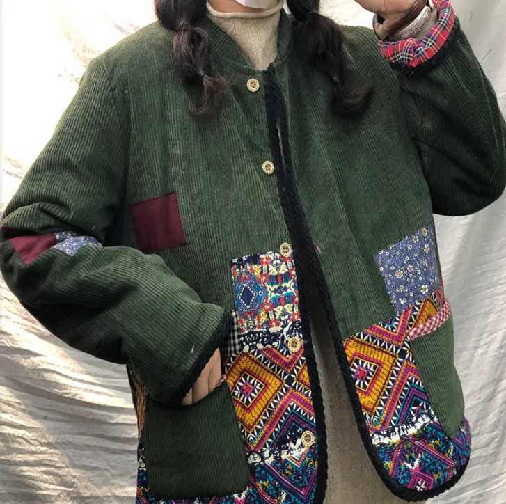 Винтажные женские вельветовые парки 2019 Осень Зима Свободные Теплые Длинные