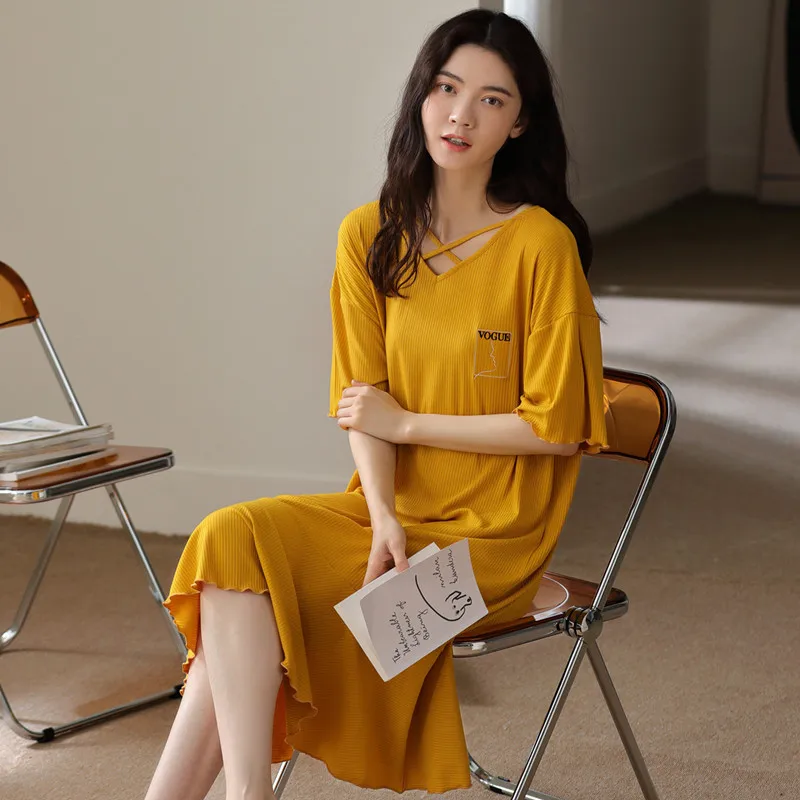 Modal Nightdress Women's Summer Nightwear Short Sleeve Simple Loose Casual Thin Nightgown Size Household Clothes Sleepwear