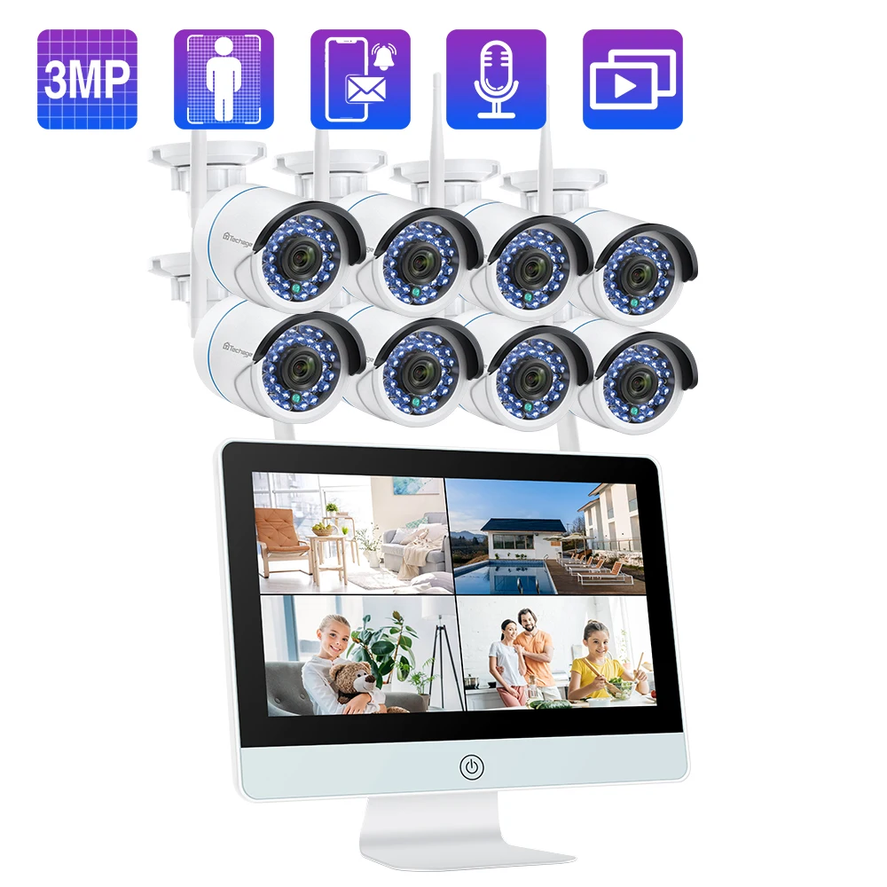 

Techage 3MP 8CH H.265 Video Surveillance Kit Home Wireless IP Camera System 12in LCD Screen Human Detect P2P CCTV Audio Record