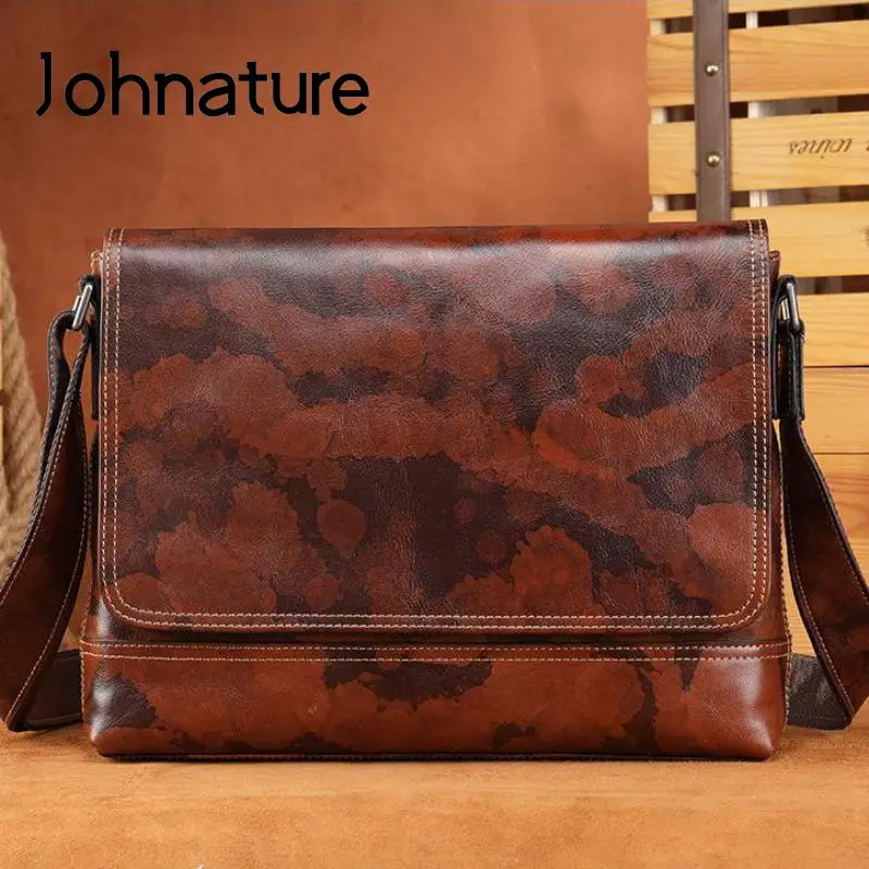 Johnature Men Messenger Bag 2022 New Genuine Leather Vintage Solid Color Natural Soft Cowhide Shoulder & Crossbody Bags