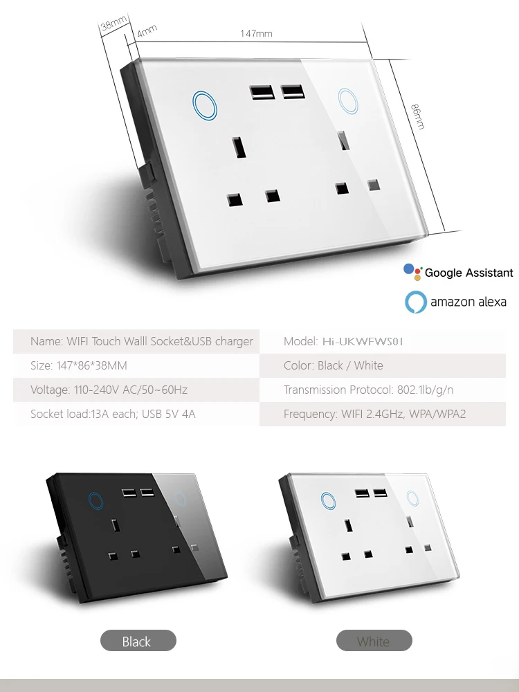 ASEER UK 13A кухонная розетка, двойная USB Розетка wifi, интеллектуальная розетка с usb 2,0, совместимый с Alexa, google assistant