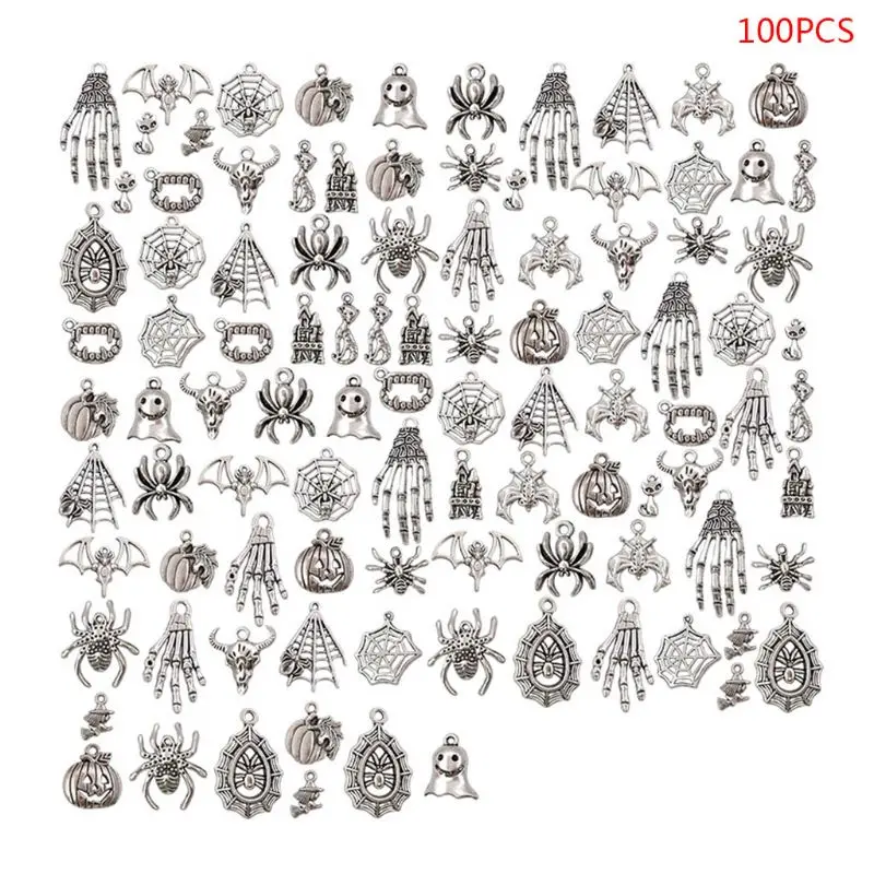 

100 Pcs/Pack Random Mix Halloween Antique Alloy Skeleton Skull Charm Pendants