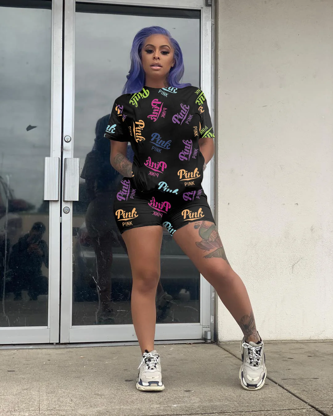 

NOXNEX Uits for Women 2 PINK Letter Print Round Neck Short Sleeves T-shirt Tops Shorts Two Piece Set Fashion Streetwear Casual