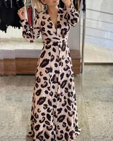 leopard print dress women 2021 autumn long sleeve v neck button design high waist maxi dresses