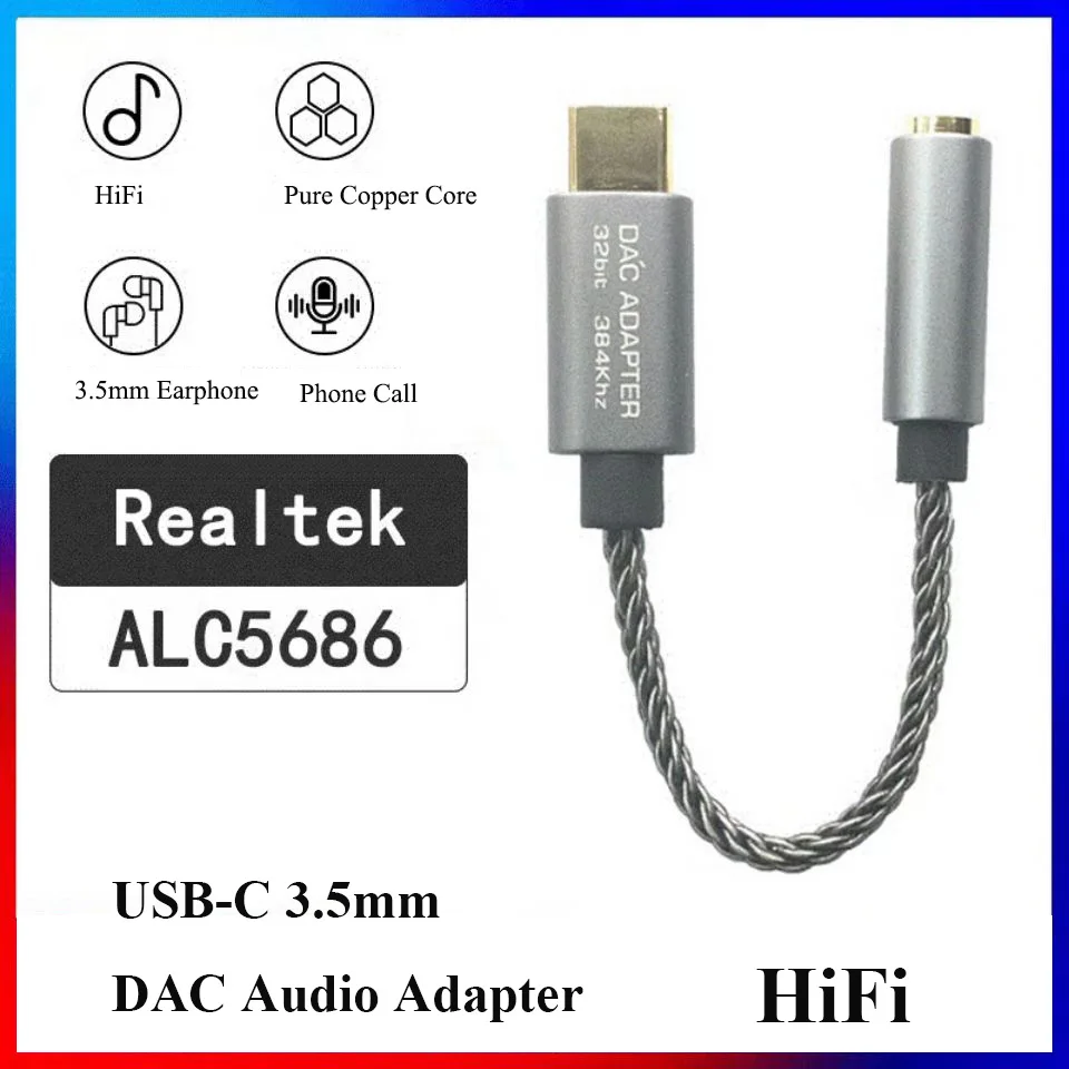

Realtek ALC5686 USB Type C To 3.5mm Jack DAC Headphone Amplifier HIFI Decoder Audio Adapter Converter For SAMSUNG Xiaomi Huawei