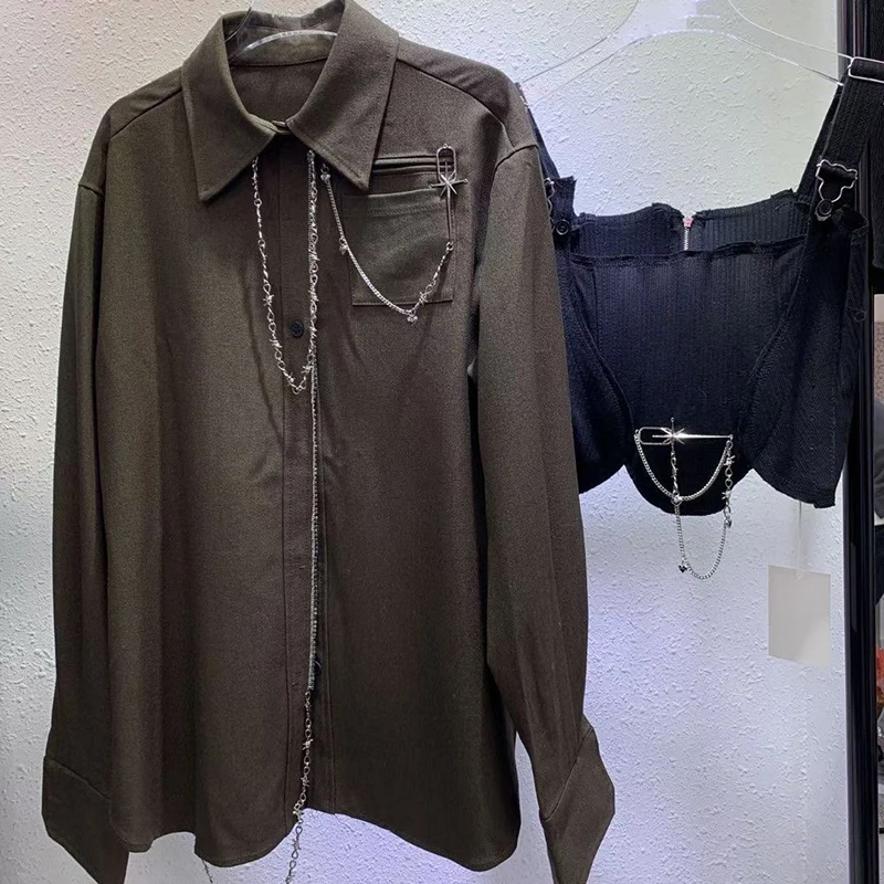 

VGH Casual Two Piece Set For Women Short Black Tank Tops Lapel Long Sleeve Loose Shirts High Street Sets Female 2021 Spring Tide