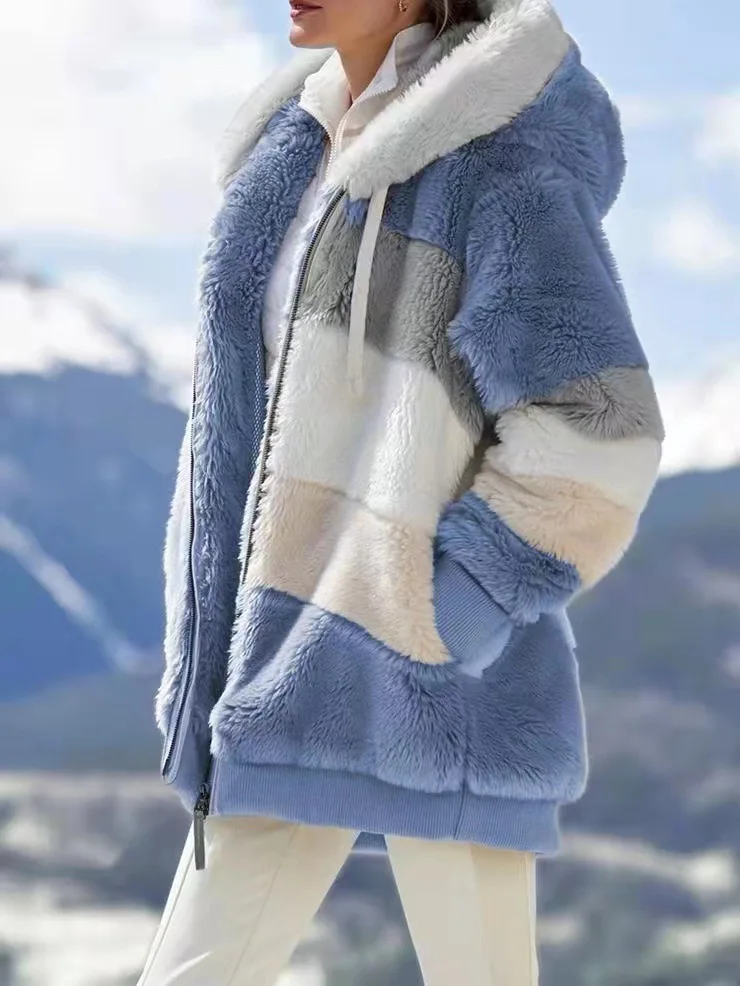 

2020 Women's Winter Coat Casual Fashion Stitching Plaid Ladies Clothes Zipper Hooded Ladies Coat Lamb Hair women jacket hoodie