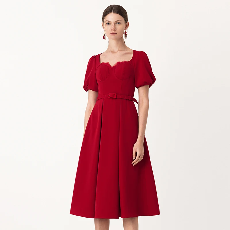 YIGELILA New Arrivals Women Vintage Red Dress Solid Lantern Sleeve With Belt Dress Empire Slim Mid-length Dress 65556