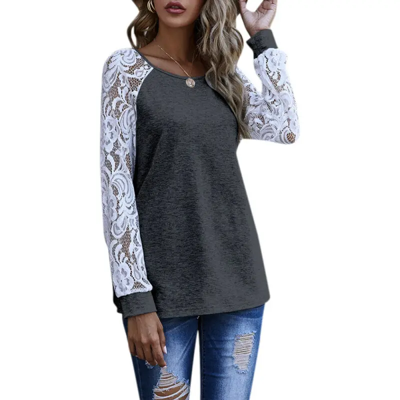 

Women Casual Tee Ladies Long Sleeve Crew Neck T Shirt Lace Comfy Top Blouse UK