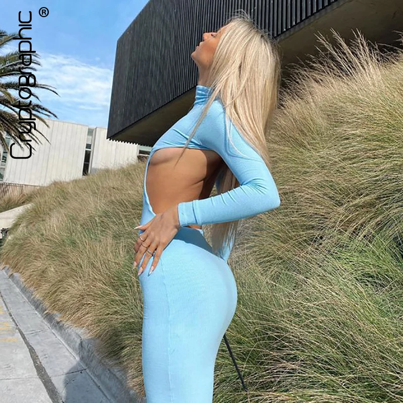 

Cryptographic 2021 Autumn Long Sleeve Cut Out Midi Dress Club Outfits for Women Elegant Fashion Sexy Turtleneck Dress Bodycon