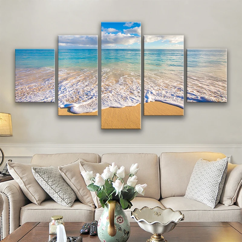 

Wall Art HD Printed Canvas Picture 5 Pieces Blue Sky White Cloud Beautiful Seascape Painting Modular Decor Living Room Framework